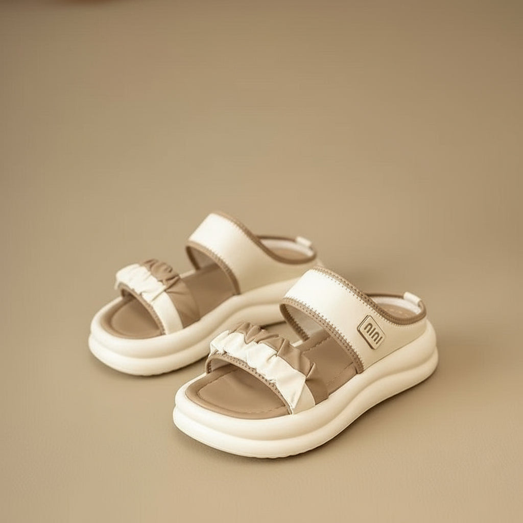 Sandália  Confort com faixa elástica e tiras texturizadas.